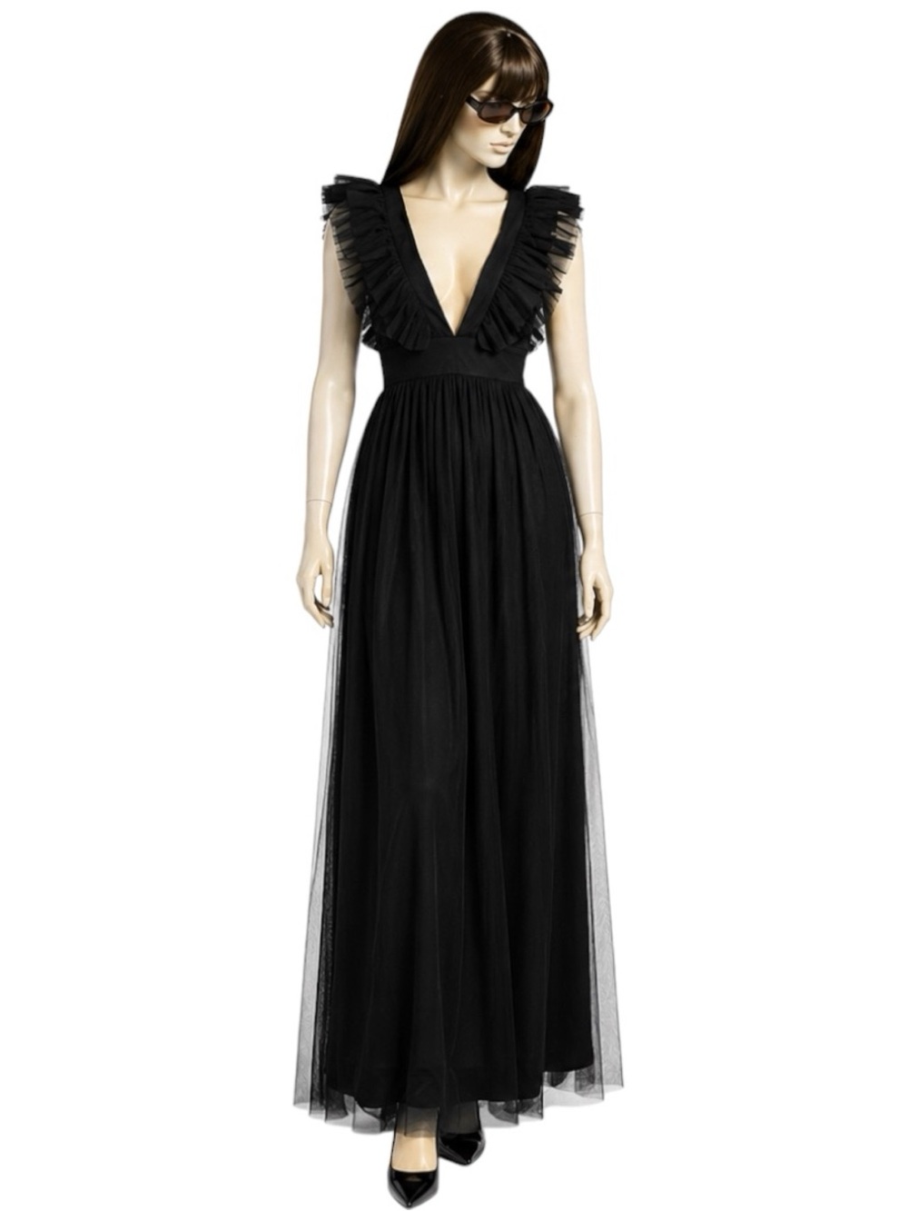 Black Mesh Ruffled Backless Maxi Size M Dress Sexy-Goth Dark Fairy Ethereal NWT - Picture 3 of 6